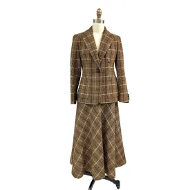 1970s Evan Picone A line Skirt Suit All Wool Brown Blue Plaid S/6 Vintage Career