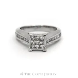 1cttw Invisible Set Diamond Engagement Ring with Channel Set Diamond Accents in 10k White Gold