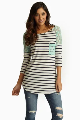 Aqua Lace Shoulder Striped Top