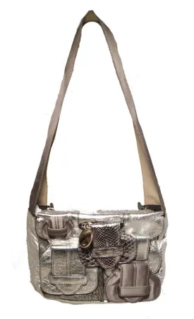 Chloe Silver Leather Satin Snakeskin Buckle Shoulder Bag