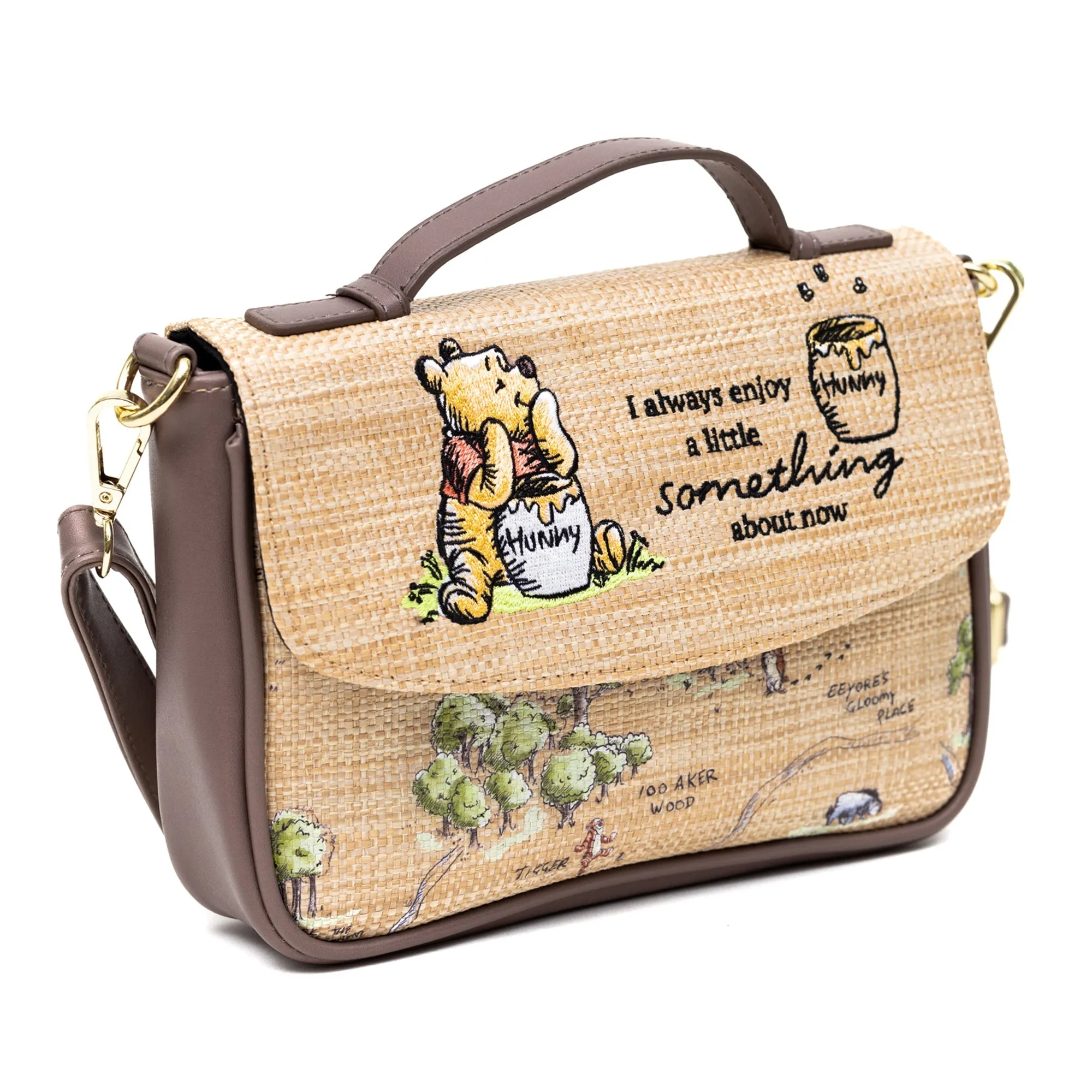 Disney Vegan Leather Fold Over Cross Body Bag for Women, Winnie the Pooh Embroidered Pooh and Friends Pose, Raffia Straw