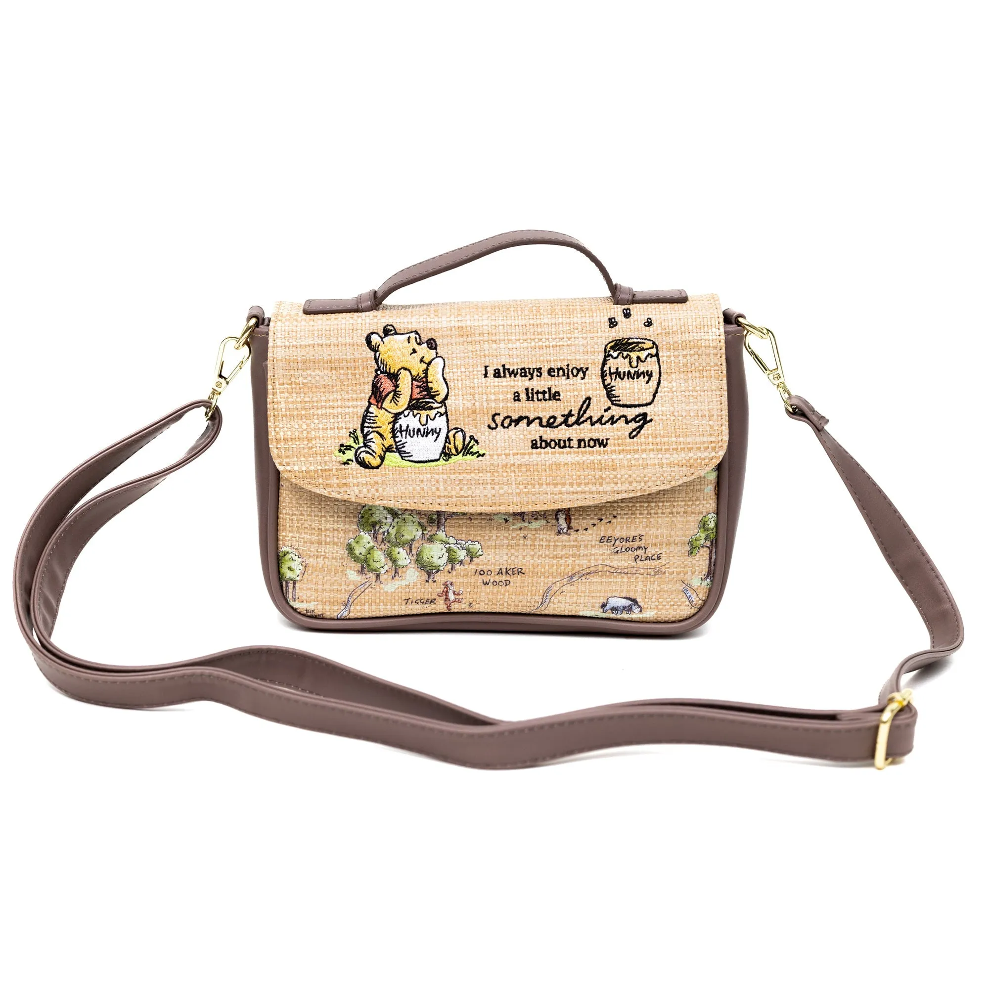 Disney Vegan Leather Fold Over Cross Body Bag for Women, Winnie the Pooh Embroidered Pooh and Friends Pose, Raffia Straw