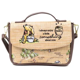 Disney Vegan Leather Fold Over Cross Body Bag for Women, Winnie the Pooh Embroidered Pooh and Friends Pose, Raffia Straw