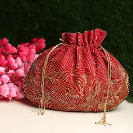 Red Bridal Potli Bag with golden embroidery waves on the front and back