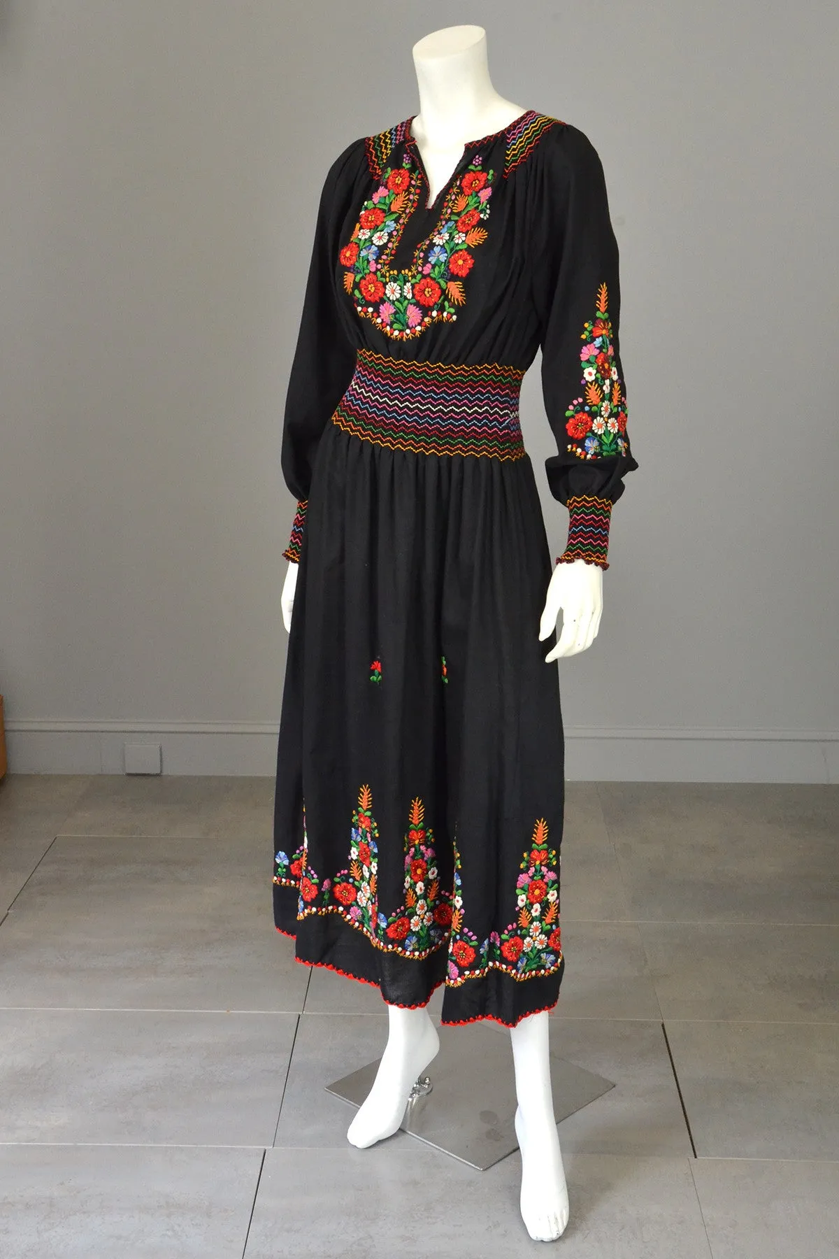 Vtg Embroidered Flowers on Black Hungarian style Peasant Dress