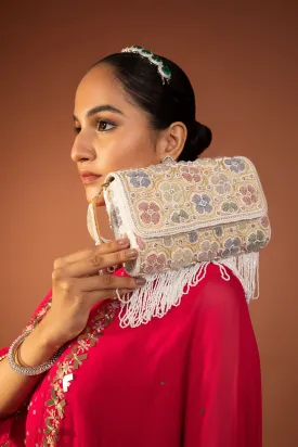 White Pearl Floral Embroidered Raw Silk Clutch with Beads & Sequins